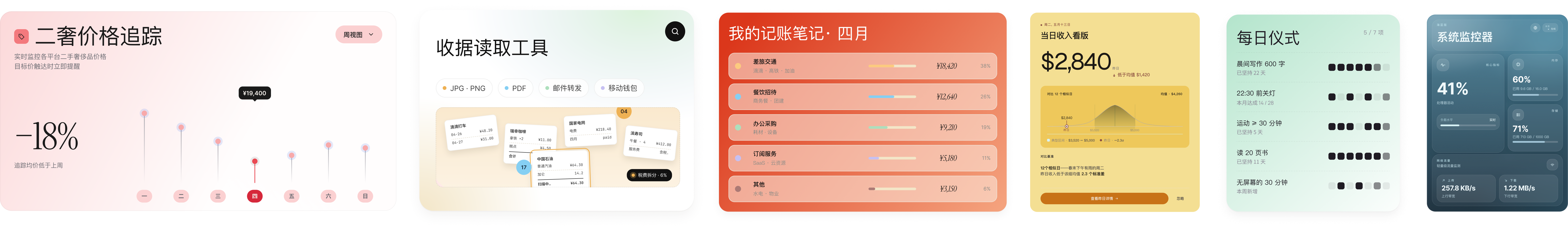 二手价格追踪、收据读取工具、记账笔记、每日仪式、系统监控等应用